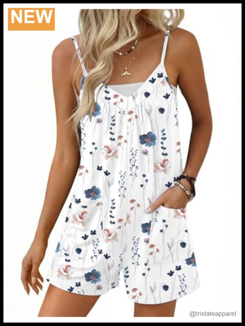 Sleeveless V-Neck Romper Adjustable Spaghetti Strap Side Pockets